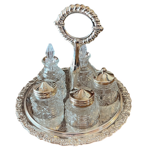 Vintage Queen Anne Silver Plated Revolving Condiment Set with Glass Bottles